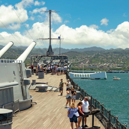 USS Missouri Deck visitors Guns and Arizona Memorial Pearl Harbor Oahu