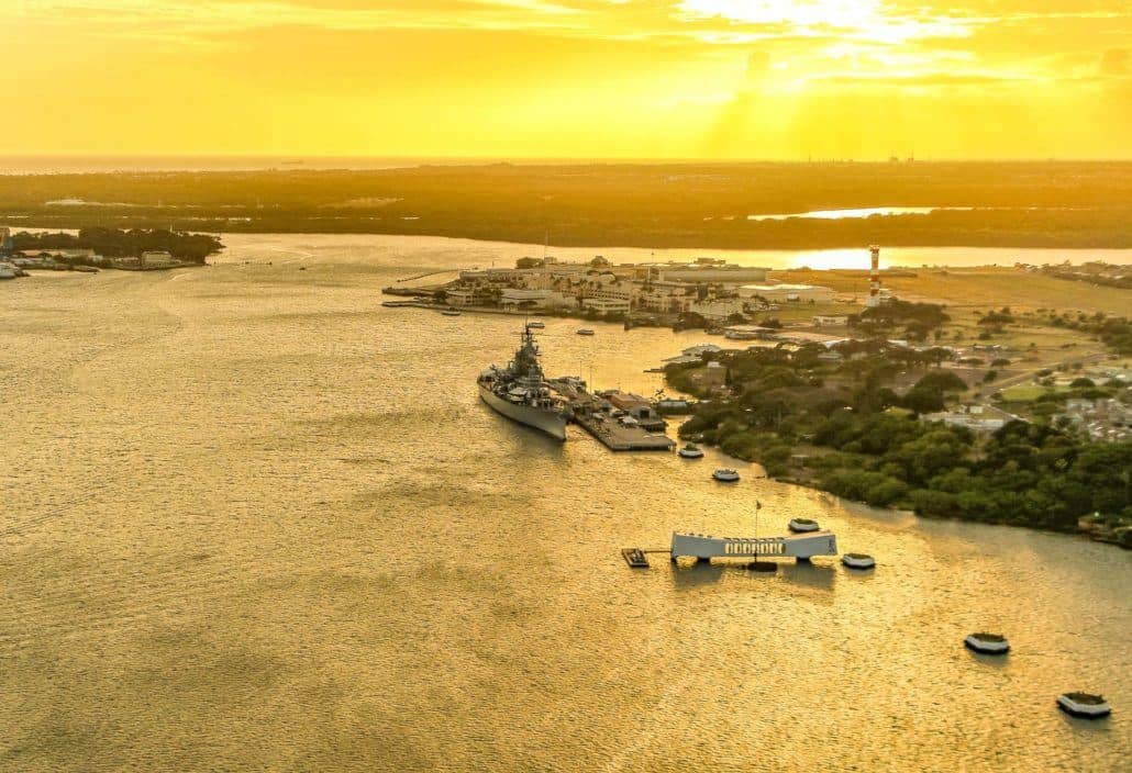 Arizona Memorial & Battleship Missouri Sunset Aerial