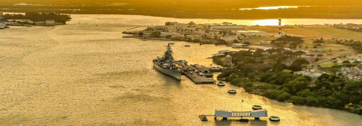 Arizona Memorial & Battleship Missouri Sunset Aerial