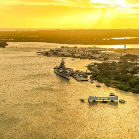 Arizona Memorial & Battleship Missouri Sunset Aerial