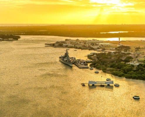 Arizona Memorial & Battleship Missouri Sunset Aerial