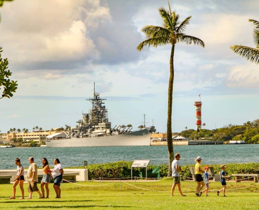 USS Missouri people walking in foreground