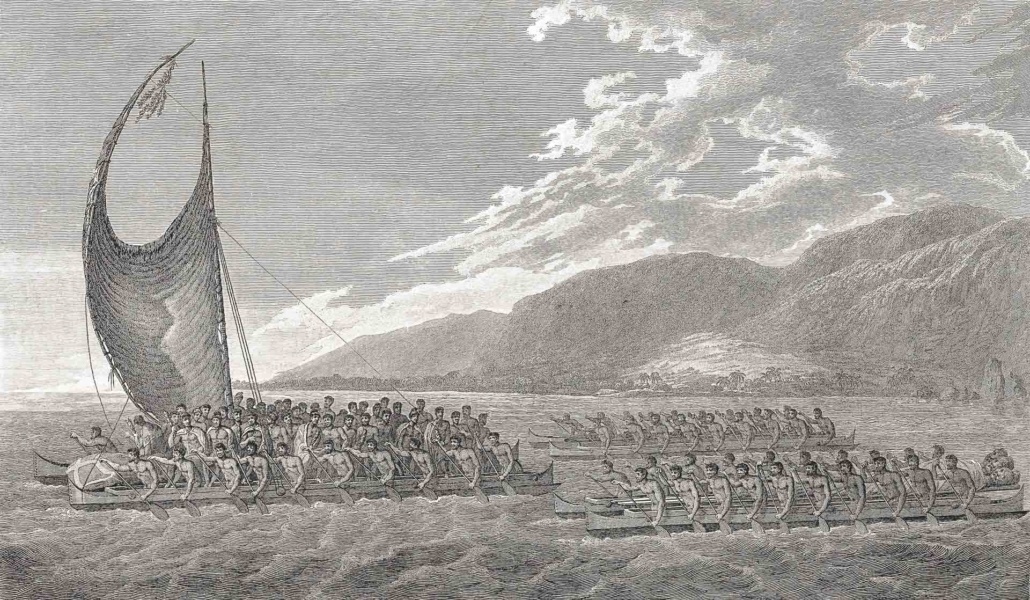 Ancient Hawaiian Canoes carrying Kalaniopuu