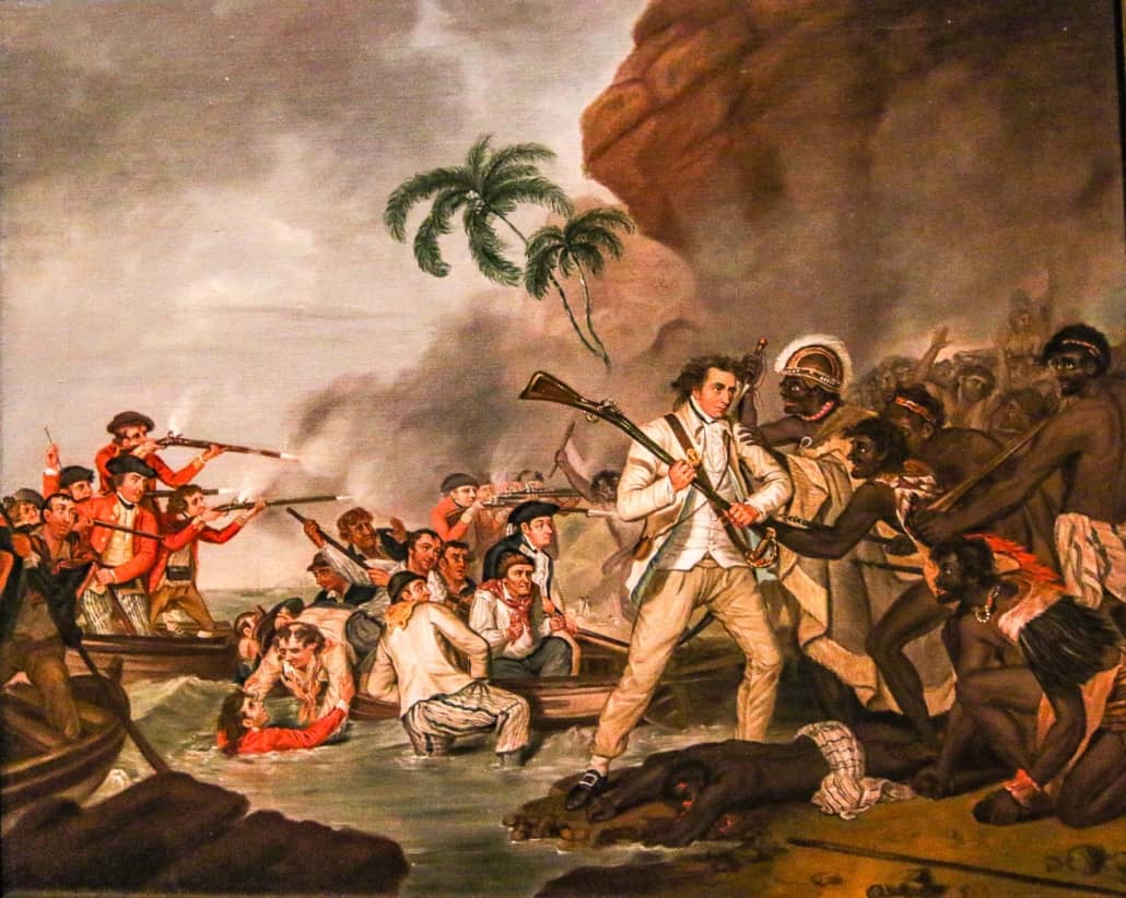 Captain Cook Fighting Kalaniopu'u Forces Painting at Bishop Museum