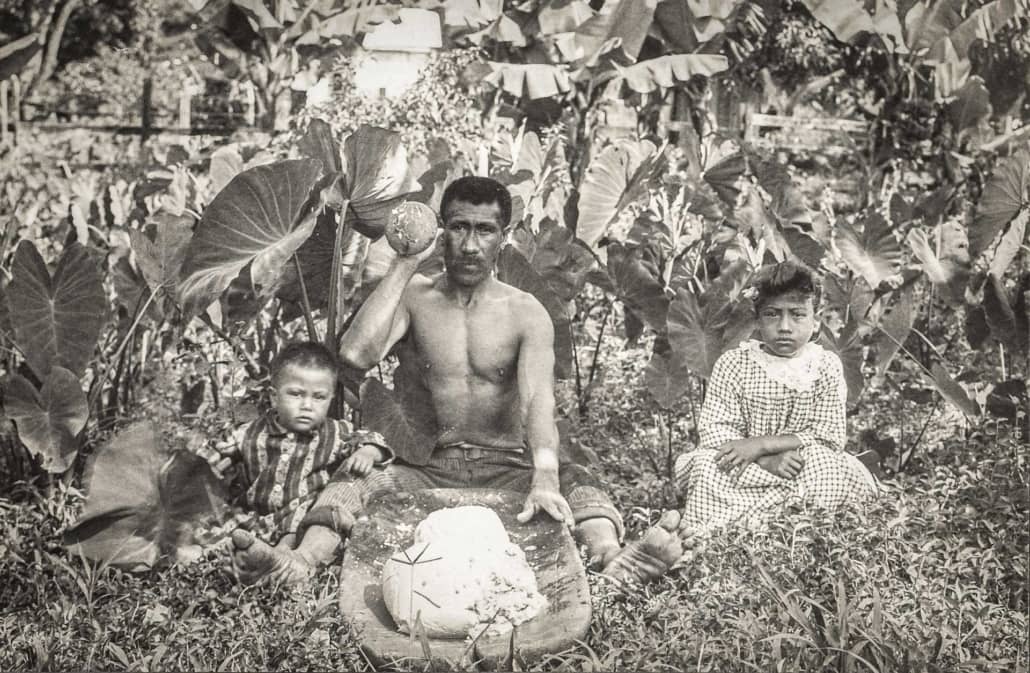 Native Hawaiian man pounding taro into poi with two children by his sides., c. sWikimediaimage