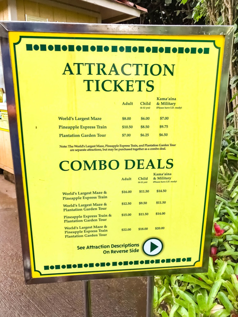 Dole Plantation Activity Prices Sign