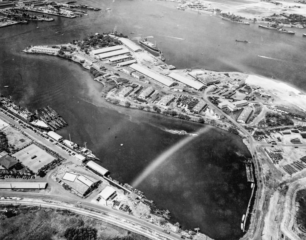 Aerial view of Pearl Harbor Naval Base looking west with the supply depot in upper center  October   US Navy photo wikimedia