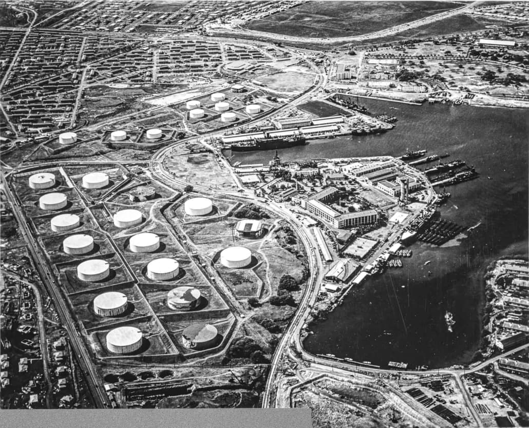 AerialviewoftheSubmarineBase(rightcenter)withthefueltanksOct