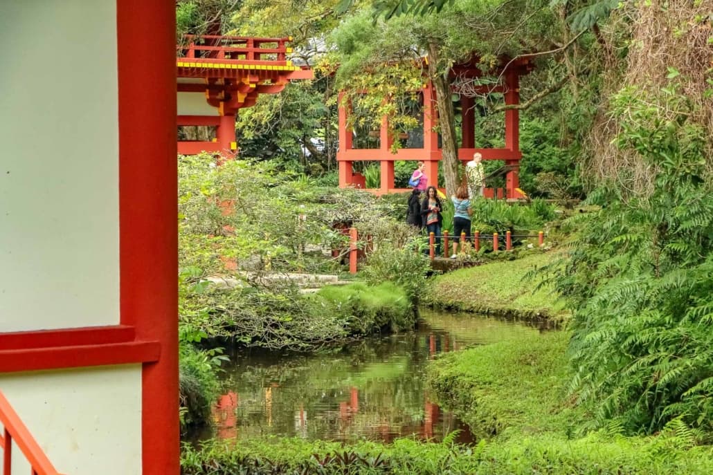 Byodo In Temple Grounds Visitors at Side Garden and Bell