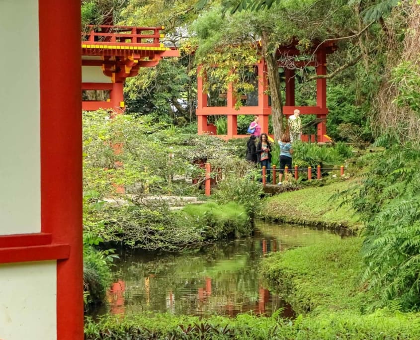 Byodo In Temple Grounds Visitors at Side Garden and Bell