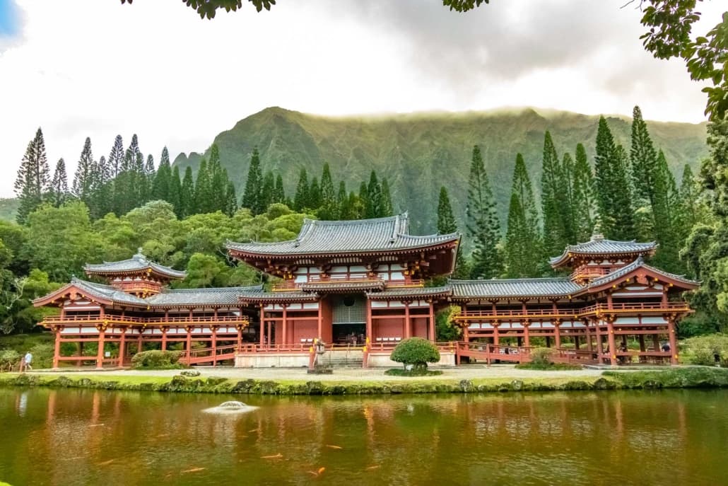 Byodo-In Temple Koi Pond and Koolau Mountains