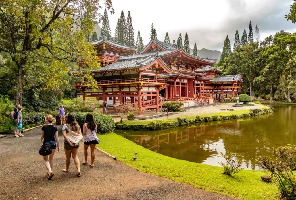 Byodo In Temple Visitors at Entrance Pond