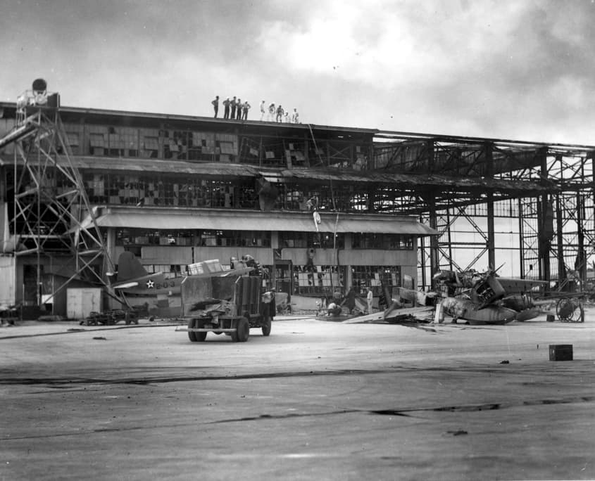 Damaged hangar on Ford Island in December