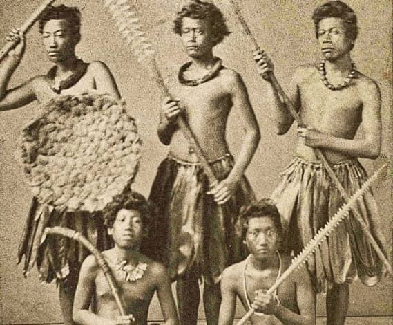 Group of Hawaiian Warriors Dressed in Native Costume