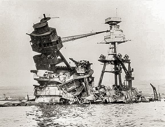 USS Arizona superstructure Dec  after sinking at Pearl Harbor by US Navy wikimedia