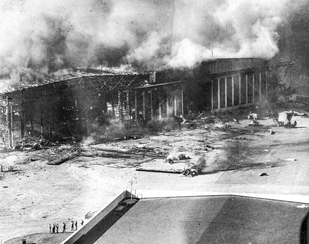 PLanes burning Ford Island Seaplane base Pearl Harbor dec  US Navy