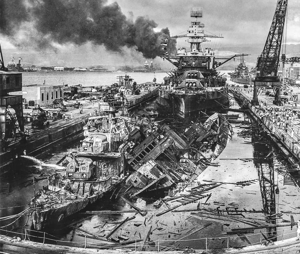 USS Downes DD  USS Cassin DD  and USS Pennsylvania BB  in Dry Dock No