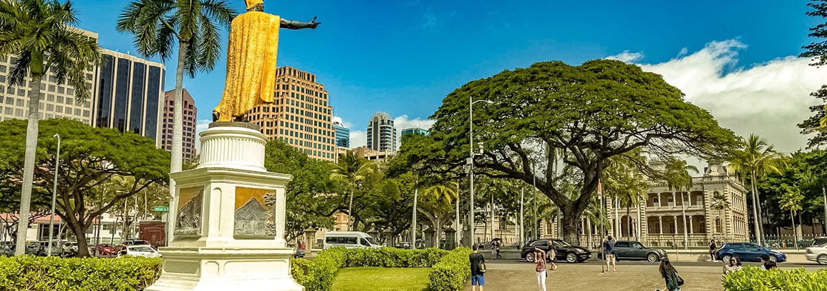 Kamehameha Statue from Behind with Iolani Palace background