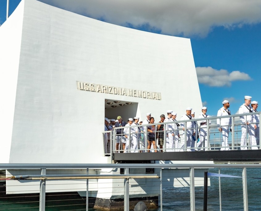 Pearl Harbor Day Arizona Memorial Navy Sailors on Dock Pearl Harbor Day Arizona Memorial Navy Sailors on Dock