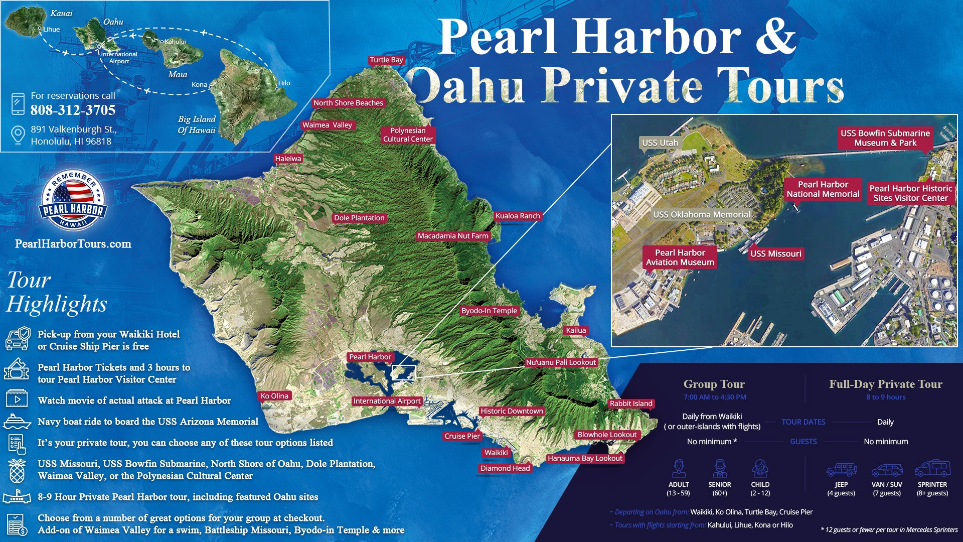 Pearl Harbor & Oahu Private Tours Map.