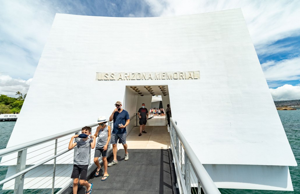 Arizona Memorial Entrance Visitors and Masks Pearl Harbor Oahu