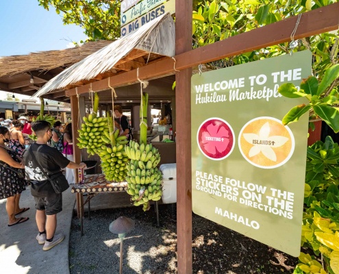 Polynesian Cultural Center Hukilau Market Place Welcome Sign and Bananas Oahu