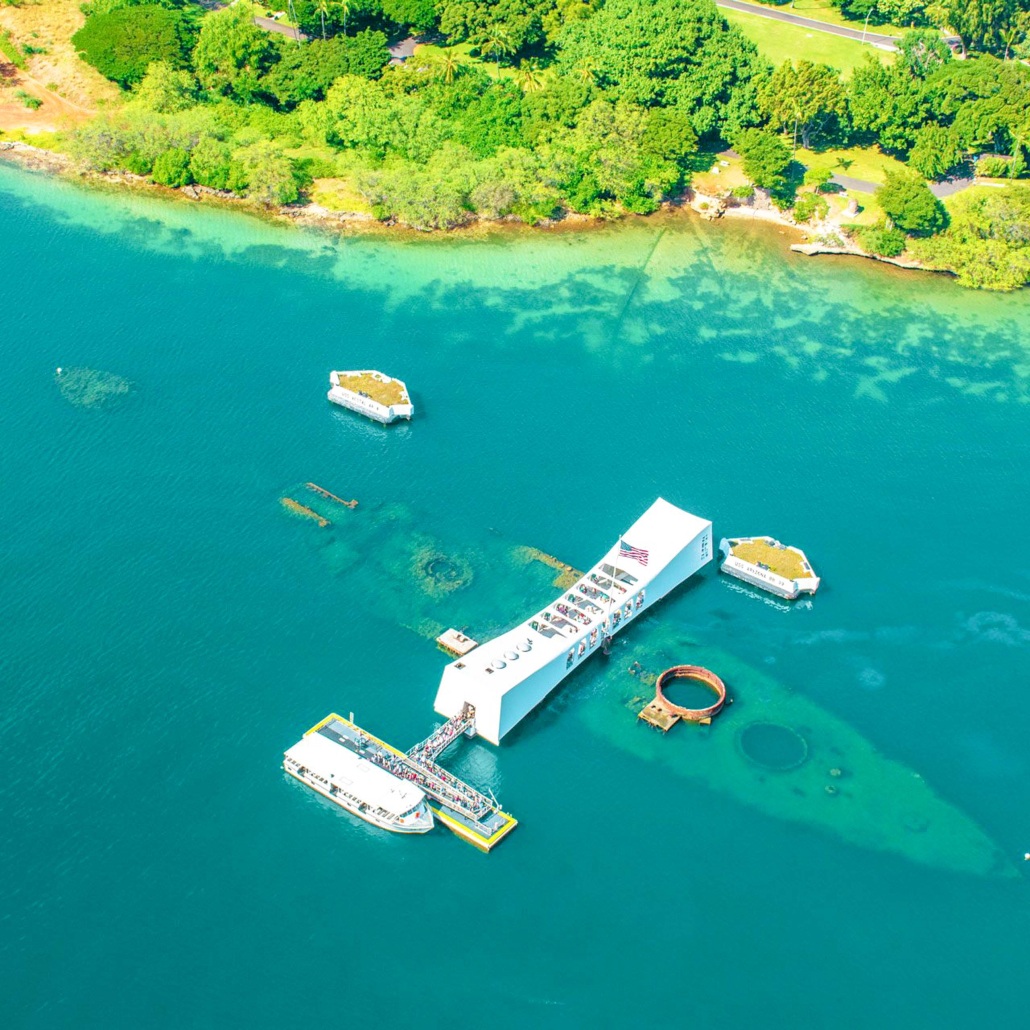 oahu helicopter tour aerial view of the arizona memorial pearl harbor on oahu hawaii