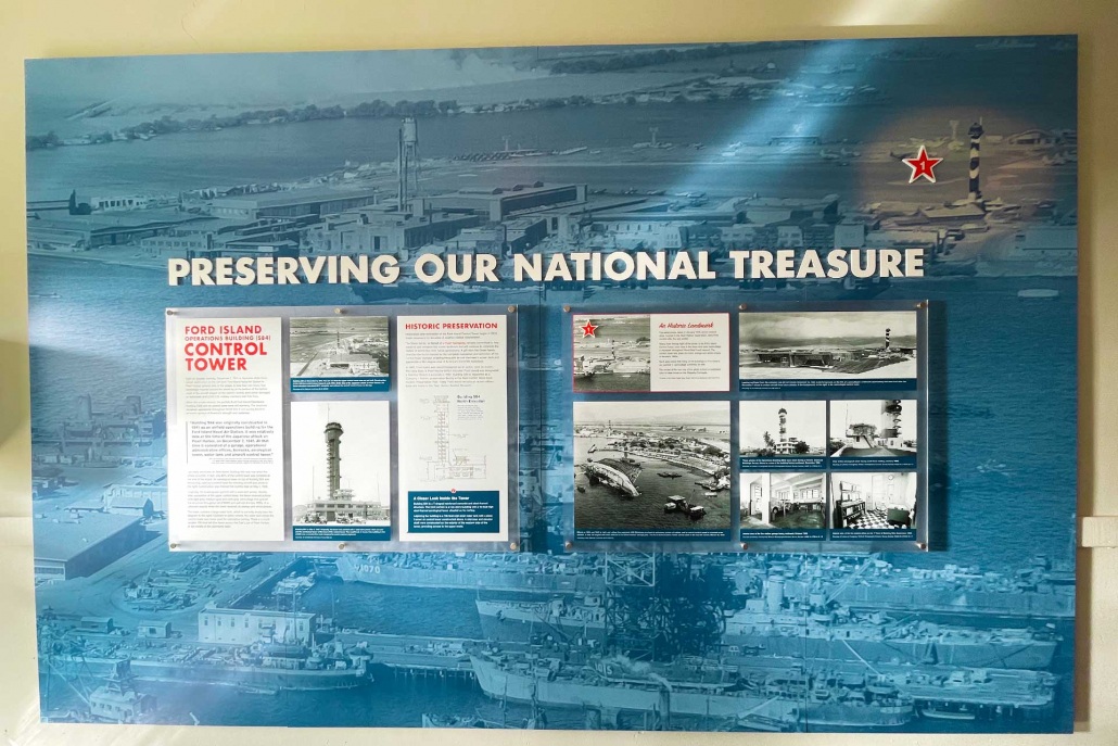 learn about the ford island hangars and pearl harbor dry docks from a museum at the tower tour at the pearl harbor visitor center oahu hawaii