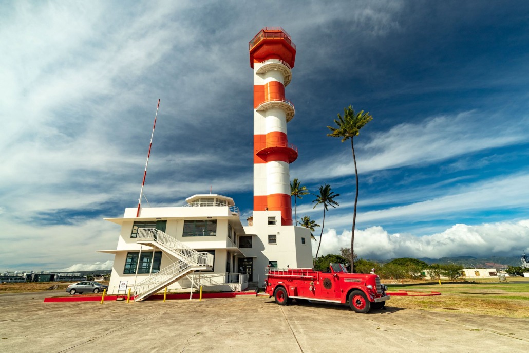 pearl harbor aviation museum tower and fire truck oahu 
